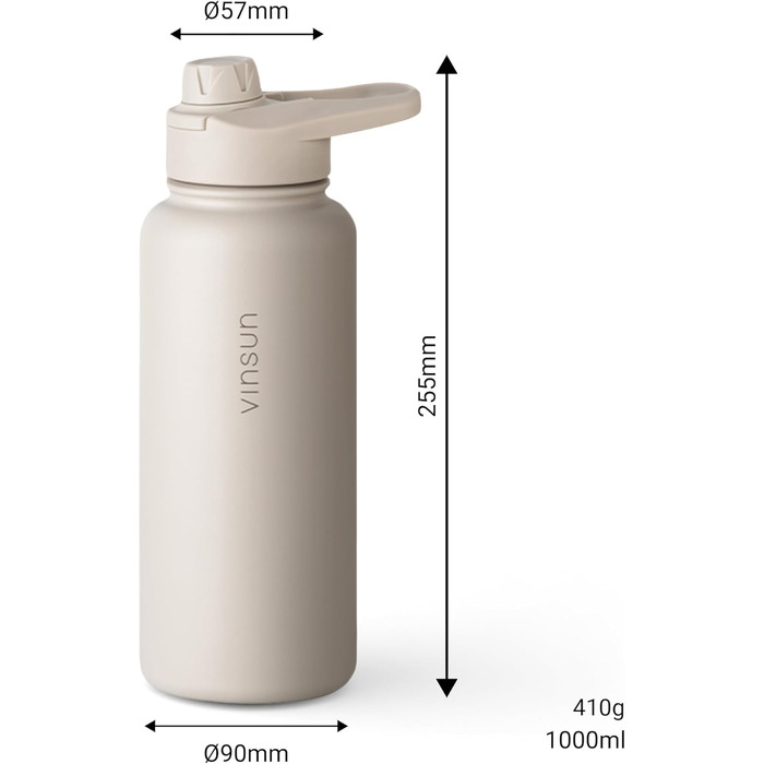 Пляшка для води Vinsun з нержавіючої сталі, бежева, 1 л - герметична, підходить для газованих напоїв, без BPA - трубочка, носик для пиття, термопляшка для спорту, активного відпочинку та школи, 1000 мл, бежевий