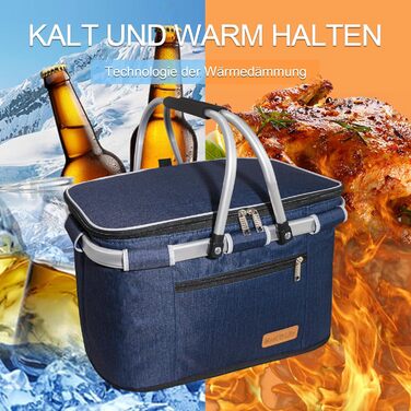 Великий кошик для покупок, сумка-холодильник, ізольований кошик, сумка-холодильник для пікніка, кошик для пікніка з двома ручками - для подорожей/пікніка/покупок/подарунків, XL, темно-синій