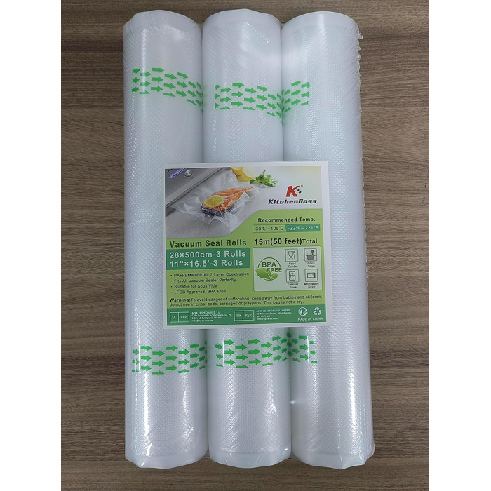 Вакуумні пакети KitchenBoss Рулони харчової вакуумної плівки Вакуумні пакувальні пакети Вакуумна пакувальна плівка вакуумні пакети Рулони плівки для вакуумного пакувальника та пакет без усадки Sous Vide BPA 28x500 см 3 рулони