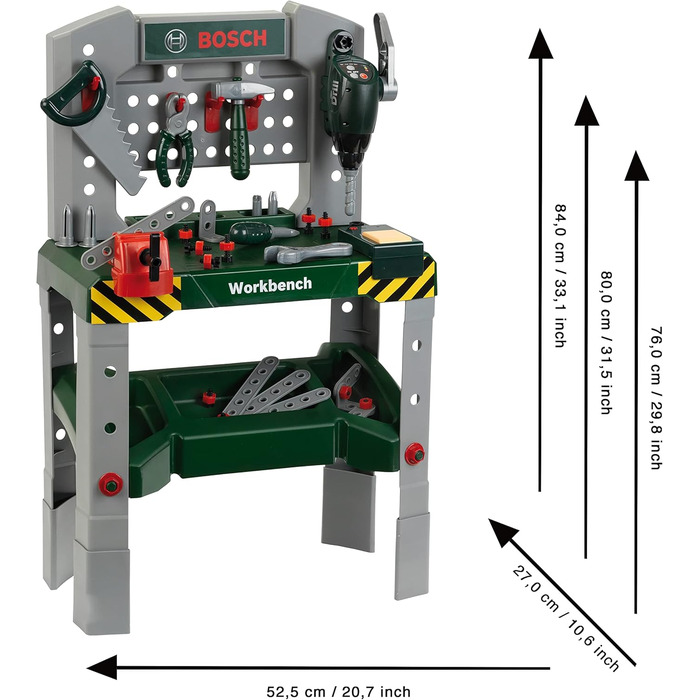 Верстак Theo Klein 8637 Bosch 48 предметівНожки, що регулюються по висоті,Робоча поверхня з багатьма функціямиВкл. молоток, пилку, гайковий ключРозміри 52,5 см х 27 см х 84 смОдна іграшка для дітей віком від 3 років і старше