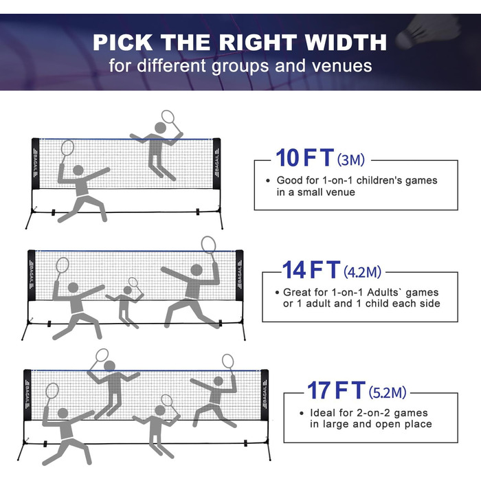 Сітка для бадмінтону BAGAIL, складна нейлонова сітка, регульована по висоті підставка та сумка для перенесення, легко встановлюється та знімається, ідеальна спортивна сітка для тенісу, бадмінтону або волейболу, 3M синій/чорний