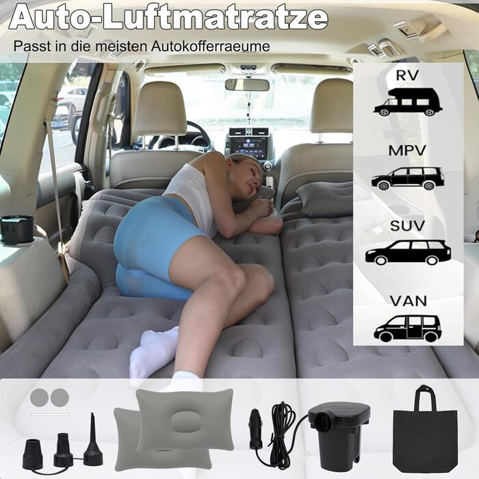 Надувний матрац для позашляховика, надувний матрац для заднього сидіння вантажівки - складний надувний матрац з електричним насосом, портативний надувний матрац для дому, намету, кемпінгу, подорожей (світло-сірий)