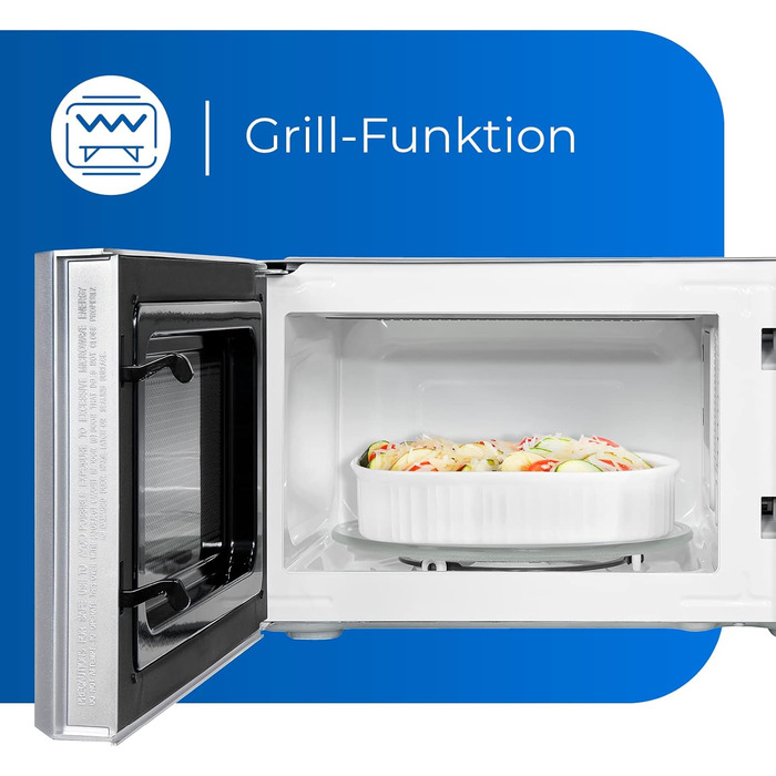 Мікрохвильова піч Exquisit MW717-070G срібло Мікрохвильова піч з грилем Гриль 900 Вт Поворотний стіл 245 мм Ø Місце для приготування їжі 20 літрів Лаковані 5 рівнів потужності Програма розморожування Таймер Мікрохвильова піч Гриль Срібло