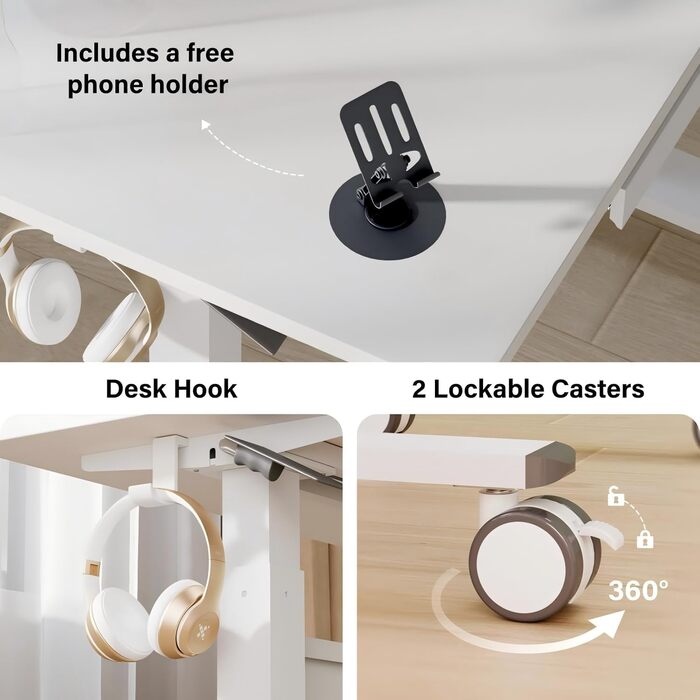 Комп&39ютерний стіл з пневматичним регулюванням висоти (88x50 см), стіл для ноутбука з колесами та шухлядою, стіл над ліжком, стіл для роботи сидячи та стоячи для офісу, вітальні, спальні, невеликих приміщень, білий