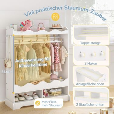 Дитяча шафа LUE BONA, Дитяча шафа з дзеркалом та вішалкою для одягу, Дерев&39яна дитяча шафа з 3 гачками, Шафа для дитячої кімнати з полицею, для дитячої кімнати, 85x108x34 см, Білий