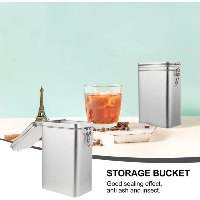 Білий бляшаний контейнер для зберігання кави з ретро-дизайном, герметичний контейнер для кавових зерен та меленої кави, квадратний контейнер для зберігання для кухні та дому, сріблястий, 7,5 x 4,7 x 3,1 дюйма