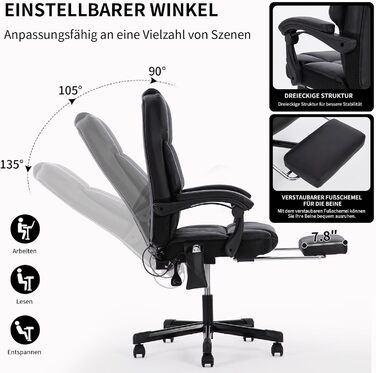 Ергономічне офісне крісло, масажне та підігріте крісло, обертове крісло з підставкою для ніг, меблі для кабінету, крісло для ПК, крісло керівника, тип PU (чорний)