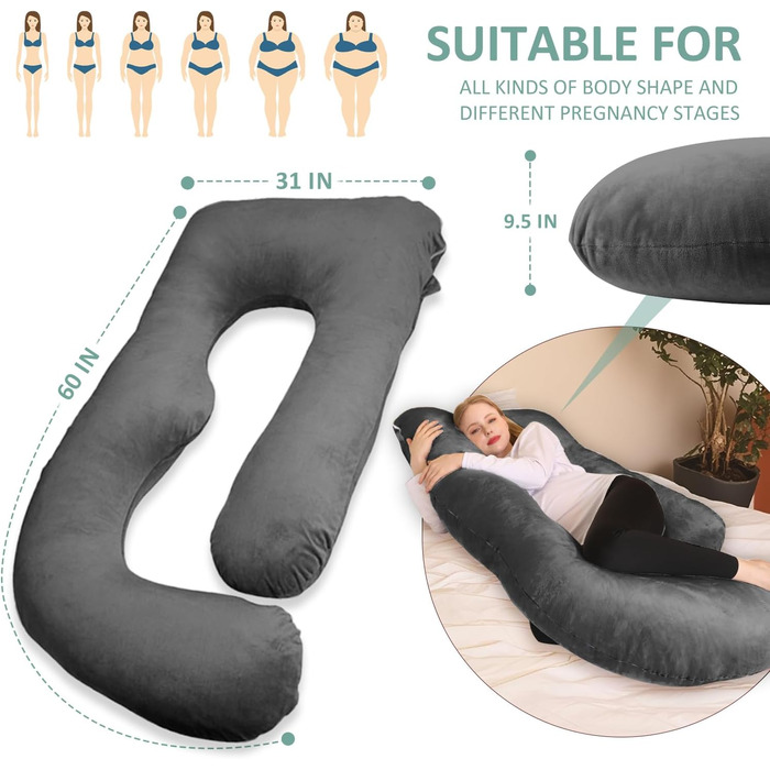 Подібна подушка для вагітних Chilling Home, подушка для сну на боці з чохлом, велика подушка для годування, підтримуюча подушка для жінок та тих, хто спить на боці (світло-чорна, оксамитова)