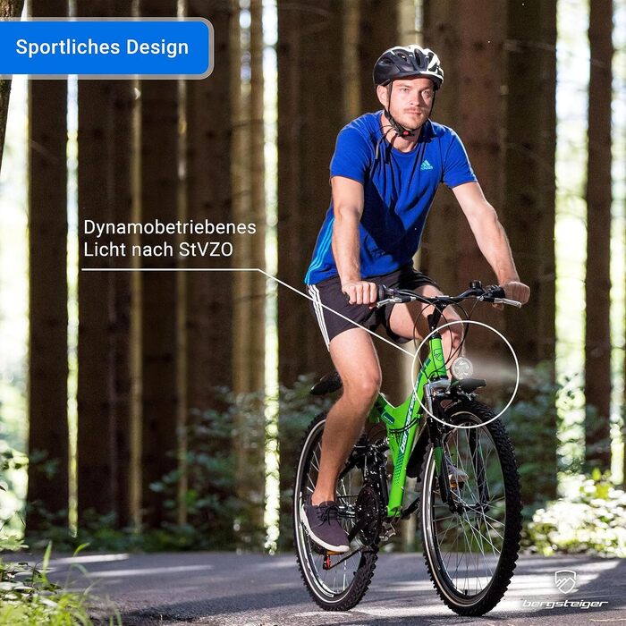 Гірський велосипед Bergsteiger Memphis 26 дюймів, підходить для зросту від 150 см, динамо-ліхтар, відповідає німецьким правилам дорожнього руху (StVZO), 21-швидкісна коробка передач, повна підвіска, для хлопчиків та чоловіків, блискуче-білий