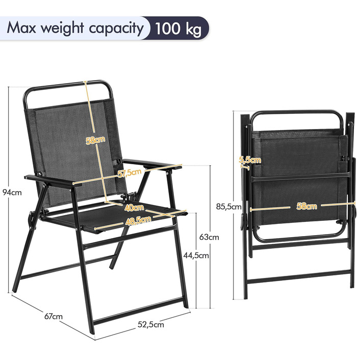 Набір Yaheetech з 2 складних стільців Садовий стілець Розкладний стілець з високою спинкою та підлокітниками Стільці для патіо Обідні стільці до 100 кг З навантаженням, чорний