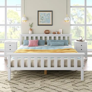 Двоспальне ліжко Merax з дерев&39яним каркасом 140 x 200 см, білий, з рейковою основою та високим узголів&39ям, для дорослих, дітей, підлітків, каркас ліжка з сосни, білий