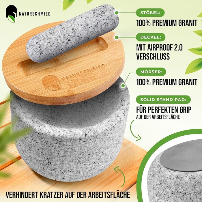 Ступка з пестком і кришкою - Герметичне закриття 2.0 накладка SolidStand 750 мл - Гранітна ступка преміум-класу світло-сірого коль