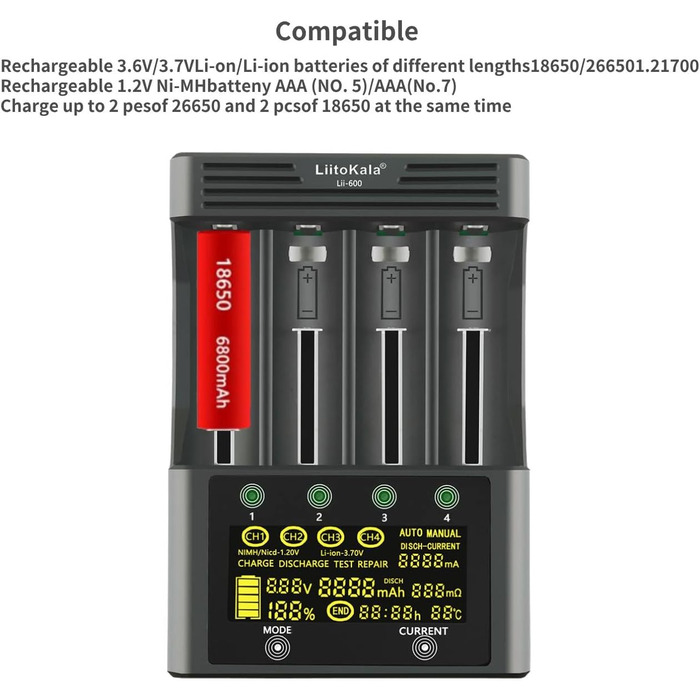 Зарядний пристрій для акумуляторів 18650 LiitoKala Lii-600 із сенсорним РК-дисплеєм, зарядний пристрій для акумуляторів типу АА з 4 відсіками, включаючи адаптер 12V5A для Li-Ion/Ni-MH/Ni-Cd 14500 21700 AA AAA тощо.
