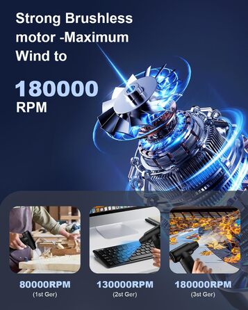 Електричний пилосос, розпилювач повітря під тиском, 3-швидкісний 180000 обертів за хвилину, пиловник зі стисненим повітрям, щітка для чищення та бездротова струменева сушильна машина для швидкого заряджання USB для набору для чищення ПК, автомобіля, диван