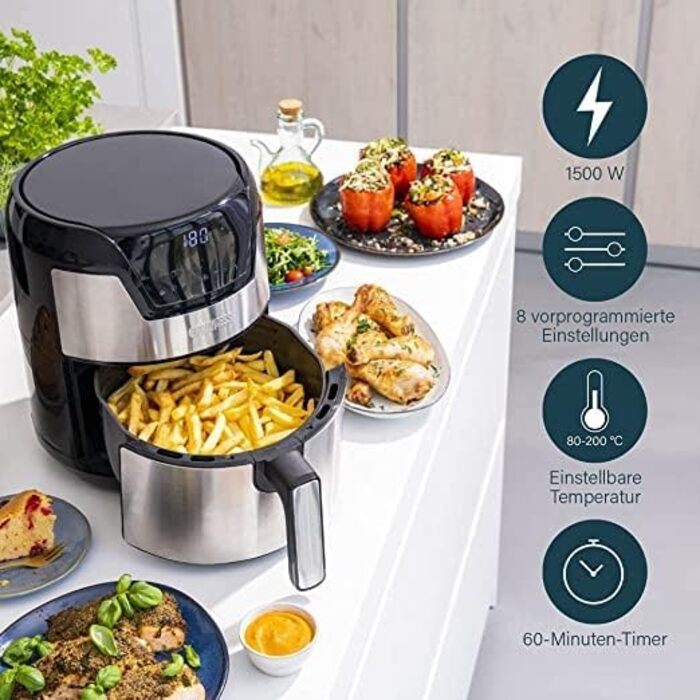 Цифрова фритюрниця Princess XXL кругла об'єм 4.5 л на 66.7 менше споживання енергії Нержавіюча сталь 10 попередньо запрограмованих налаштувань 182026 фритюрниця 4.5 л