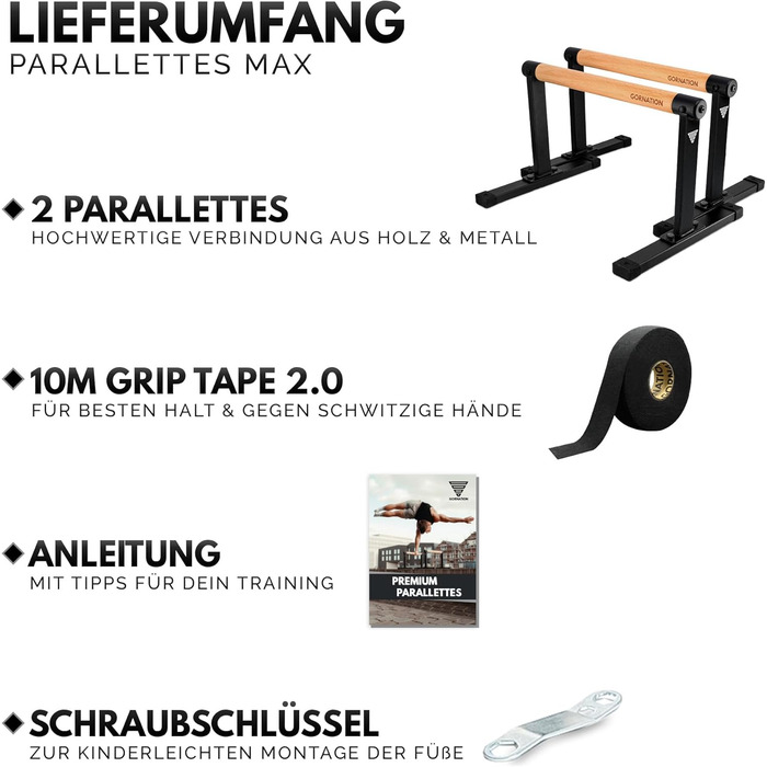 Паралельні тренажери GORNATION, включаючи стрічку для захоплення, обладнання для калістеніки для стійки на руках та віджимань, ручки для віджимань з дерев&39яними ручками/грифами, перекладини для віджимань для домашнього та на свіжому повітрі MAX