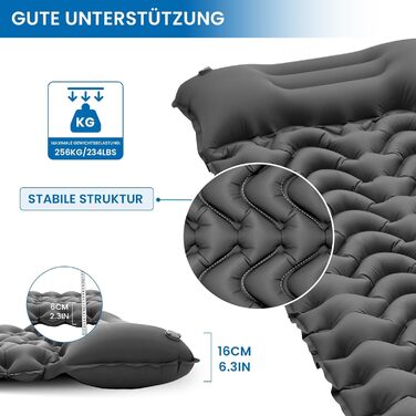 Килимок для кемпінгу KingCamp самонадувний з ножним насосом, надувний матрац на 1 особу з інтегрованою подушкою на відкритому повітрі, ультралегкий килимок для кемпінгу, піших прогулянок, трекінгу, темно-сірий