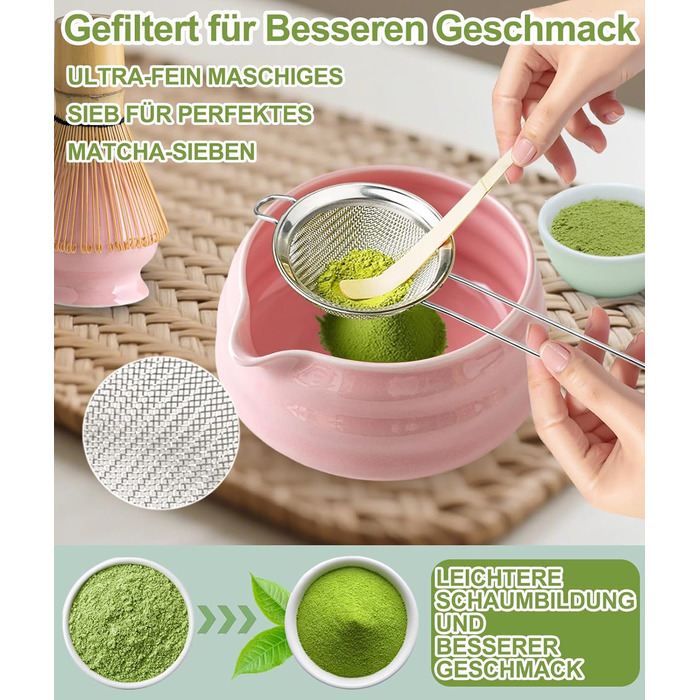 Набір для матча Рожева Гармонія (7 предметів) бамбуковий вінчик (часен) та підставка, чаша для матча з носиком, ситечко, ложка та підставка, японський набір для чаю матча для поціновувачів рожевий з носиком