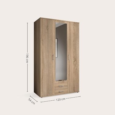 Елегантна 3-дверна шафа з великою кількістю місця для зберігання - Багатофункціональна шафа, дуб сонома, з дзеркальними дверима - 120 x 195 x 55 см, дуб сонома, 3-дверна, одинарна