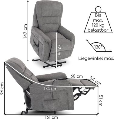 Крісло під телевізор Raburg з підйомником, електричне відкидне крісло з 1 двигуном та пультом дистанційного керування, безступінчасте регулювання, комфортна піна та пружинна основа з кишенькового блоку, мікрофібра, 120 кг Janik Сіра мікрофібра