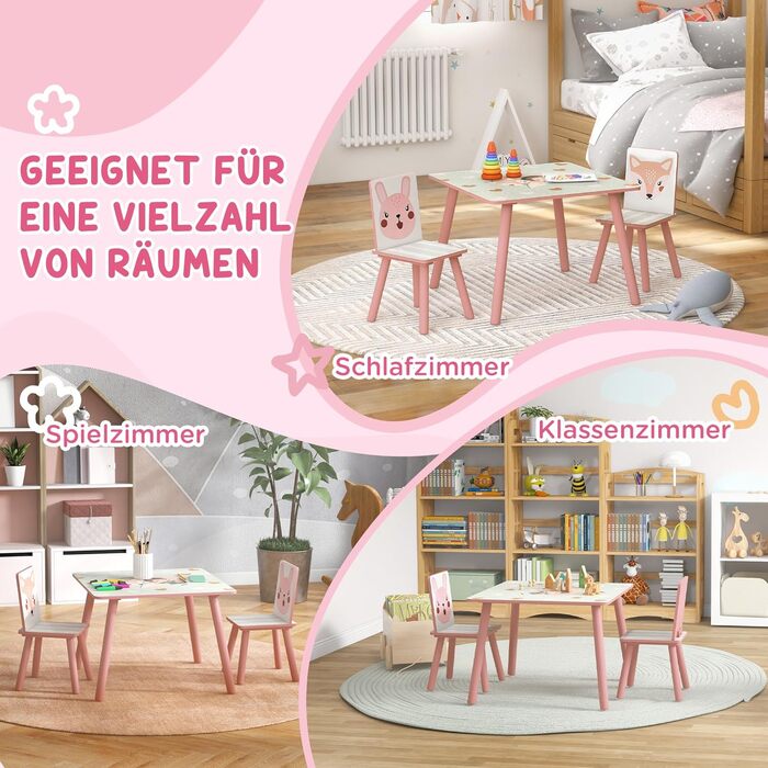 Дитячий стіл з 2 стільцями, 3-предметний дитячий комплект сидіння з мотивом тварин, комплект дитячого столу та стільців, комплект дитячих меблів для сидіння в дитячих кімнатах, для дітей 3-8 років, рожевий