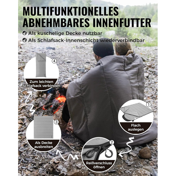 Пуховий спальний мішок KingCamp для дорослих, теплий легкий зимовий спальний мішок від 4C до -20C, 100 бавовняна тканина, 4-сезонний спальний мішок, підходить для кемпінгу та походів, 220x80 см, комфорт 1C / гранична температура -5C / екстремальна темпера