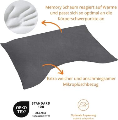 Подушка для сну, в&39язкопружна подушка з піни з пам&39яттю форми, ергономічна подушка для підтримки шиї, м&39який чохол з мікроплюшу, виготовлено в ЄС, сертифіковано Oeko-Tex, 40 x 60 x 13 см, сірий