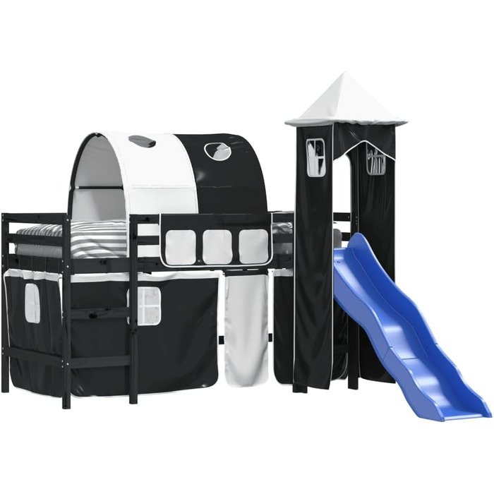 Меблі для дому Інструменти Дитяче ліжко-горище з вежею, біло-чорне, 90 x 200 см, масив дерева, сосна