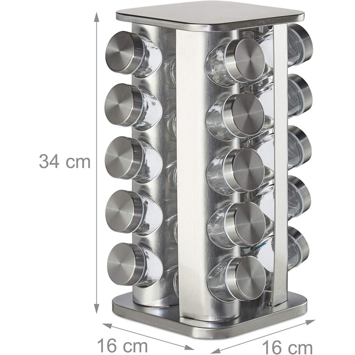 Карусель для спецій Relaxdays з 20 банками для спецій, обертається на 360, нержавіюча сталь, скло, підставка для спецій ВxГ 34 x 19 см, прямокутна, срібляста, 10032728
