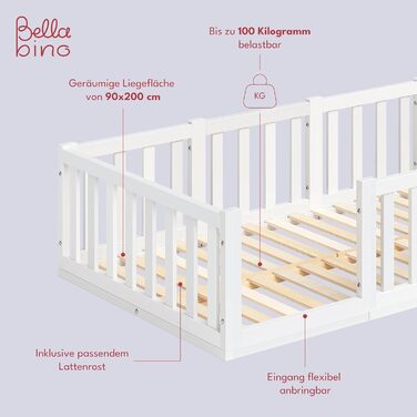 Ліжко Bellabino Tapi 90x200 см, дитяче ліжко із захистом від випадіння, включаючи рейкову раму, підлогове ліжко Монтессорі для хло