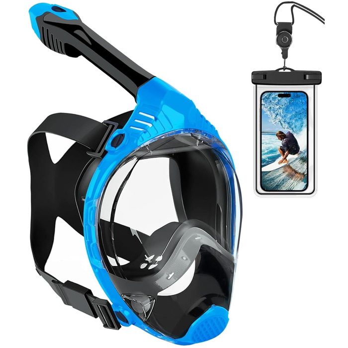 Маска для підводного плавання VGKE для дорослих, панорамний вид HD на 180 градусів, маска для дайвінгу з водонепроникною кишенею для телефону, захист від протікання та запотівання, вільно дихає, підходить для чоловіків/жінок, синя, розмір L-XL