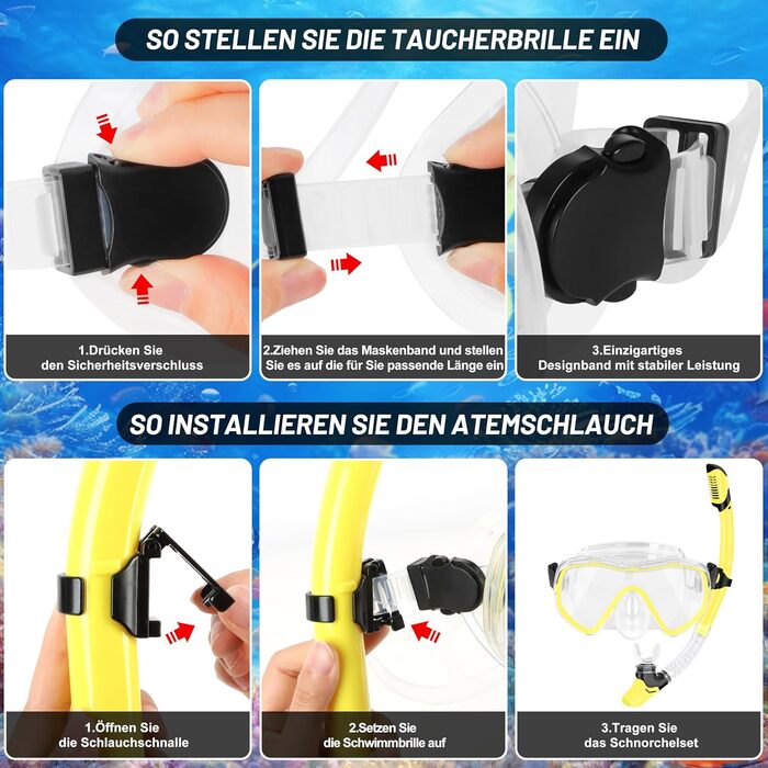 Набір для дорослого підводного плавання, 7 предметів спорядження для підводного плавання з маскою проти запотівання, ластами, сухою трубкою, водонепроникним чохлом для телефону, берушами та сумкою для перенесення, жовтий, S/M