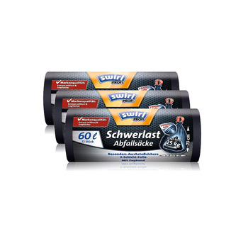 Професійні міцні сміттєві пакети Swirl зі шнурком, 60 літрів, стійкі до розривів, 3 рулони по 12 пакетів кожен (3 упаковки)