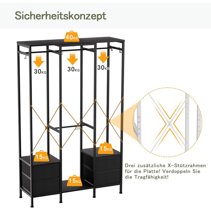 Відкрита шафа, вішалка для одягу, вішалка для пальто з 4 шухлядами, міцна вішалка для одягу, для спальні, вітальні, передпокою, чорна