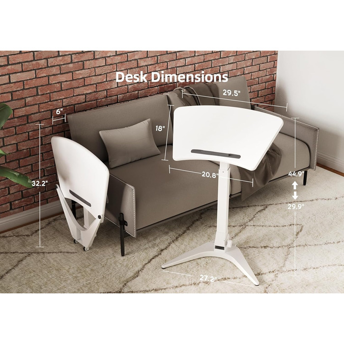 Мобільний стіл для ноутбука Claiks, регульована висота (FSC) 7545 см, складаний та з колесами для гнучкого домашнього офісу, верхня частина з нахилом 90, легкий та компактний, ідеально підходить для дивана, ліжка та крихітного офісу (білий), високоякісний