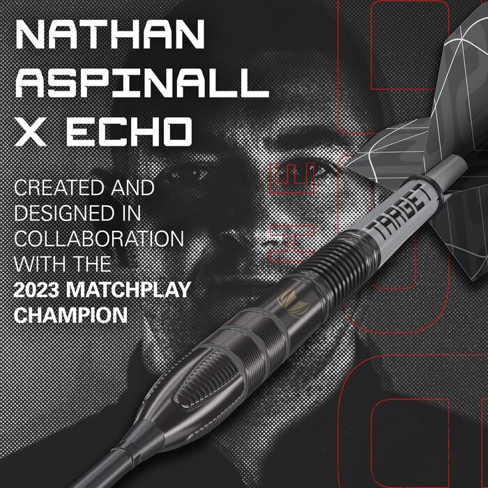 Набір дротиків Target Darts Nathan Aspinall x Echo зі швейцарським наконечником з вольфрамової сталі 90 дротики ASP Player Edition, дротики Pro Grip та дерги Pro Ultra No.2, в комплекті інструмент SP Tool, професійні набори дротиків 23 г