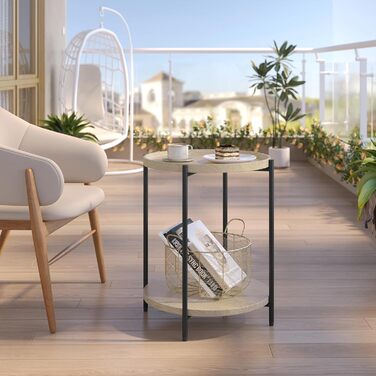 Круглий журнальний столик WOLTU, бічний столик з 2 полицями, стіл для вітальні зі знімною стільницею, тумбочка, столик для дивана, телефонний столик для вітальні та спальні, виготовлений з МДФ та металу, світлий дуб, BTS06hei