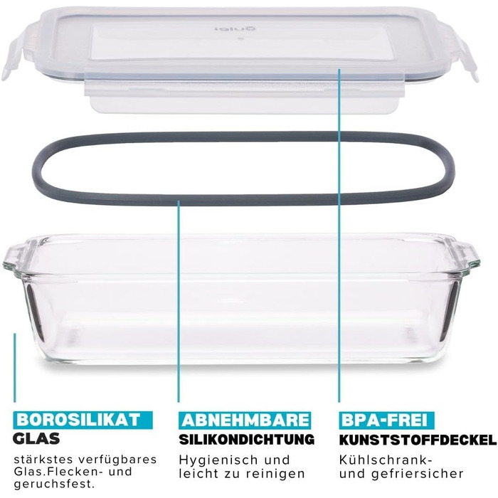Форма для запікання лазаньї Igluu з кришкою, що застібається, без бісфенолу А - 2,2 літра () - прямокутна, міцна форма з боросилікатного скла - придатна для використання в духовці, мікрохвильовій печі, морозильній камері та посудомийній машині, набір з