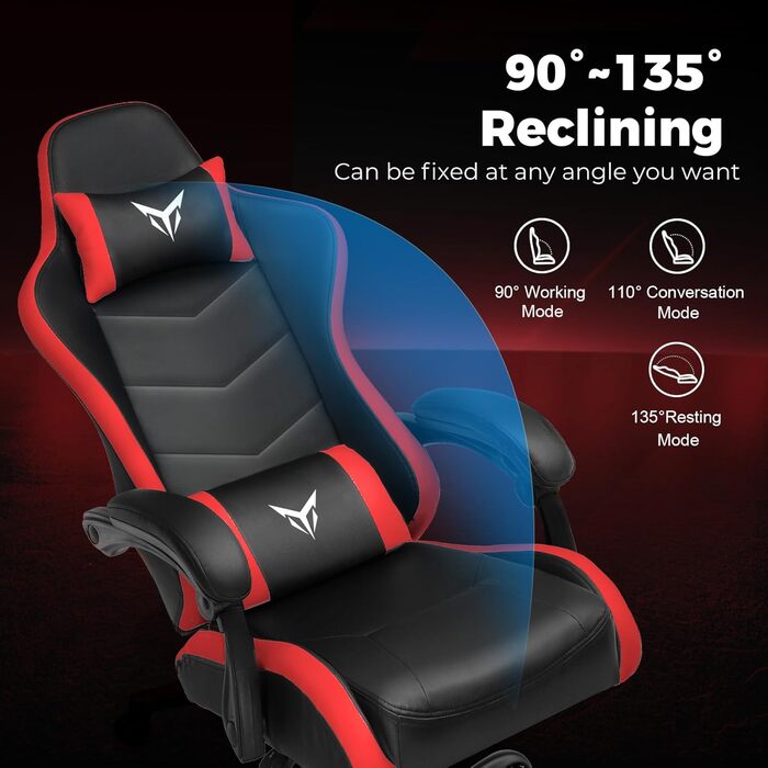 Ігрове крісло GTPLAYER, ергономічне офісне крісло з регульованим підголівником та поперековою опорою, ігрове крісло, червоне