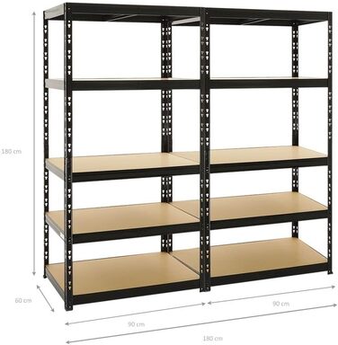 Міцний стелаж Tiger Black 180x90x60 см з вантажопідйомністю 265 кг Стелажі для гаража, підвалу, майстерні, зберігання, безболтовий стелаж, комплект з 2 предметів Глибина 60 см, 2 шт.