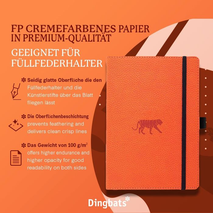 Блокнот A5 в точку, веганська шкіряна тверда обкладинка з тримачем для ручки та еластичною стрічкою, ідеально підходить для письма, університетських нотаток, списків справ тощо (помаранчевий тигр, з підкладкою, одинарний)