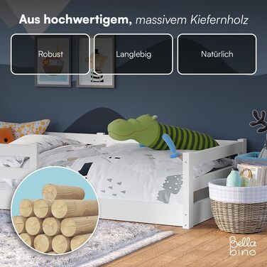 Ліжко Bellabino Iskri на підлозі 90x200 см Дитяче ліжко Монтессорі із захистом від падіння та рейковою основою Дерев&39яне ліжко для хлопчиків та дівчаток з масиву сосни білого кольору Ліжко для малюків білого кольору 90x200 см без матраца