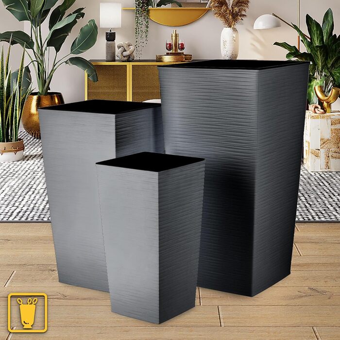 Набір з 3 рослинних горщиків KADAX з внутрішніми горщиками, висота 46,5/57,5/68 см, графіт міцні та всепогодні пластикові горщики для квітів, горщики для використання в приміщенні та на вулиці, висота 46/57/68 см, графіт