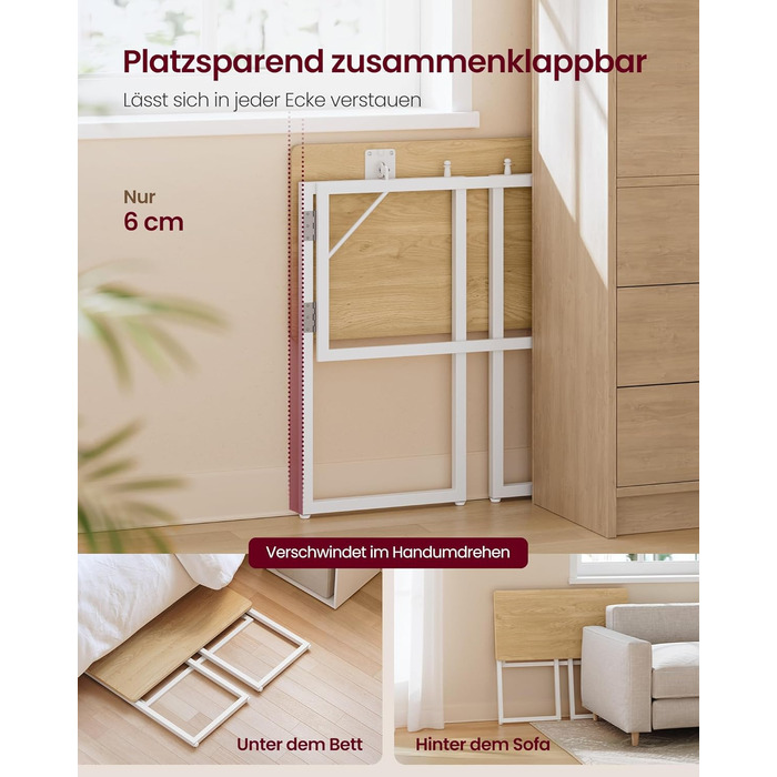 Складаний стіл, Невеликий складаний стіл, Комп&39ютерний стіл, Цільна стільниця, Закруглені кути, Стіл для домашнього офісу, Спальня, 80 x 40 см, Натуральний дуб LWD151YD01 80 x 40 см Натуральний дуб