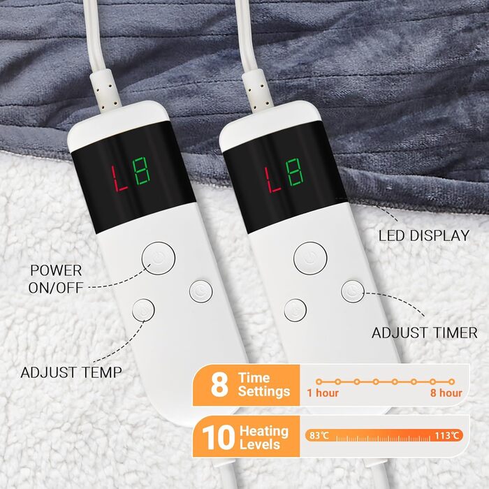 Електрична ковдра з автоматичним вимкненням, 130x180 см, 10 режимів нагріву та 8-годинний таймер автоматичного вимкнення, захисний пояс від перегріву, фланелевий чохол, який можна прати в пральній машині, гаряча ковдра для спальні, вітальні, офісу, темно-