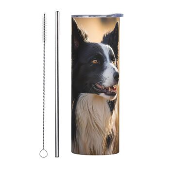 Кухоль з прямою трубочкою, дизайн Бордер-коллі, принт, дорожній кухоль, підходить для кемпінгу, офісу та дому, 590 мл