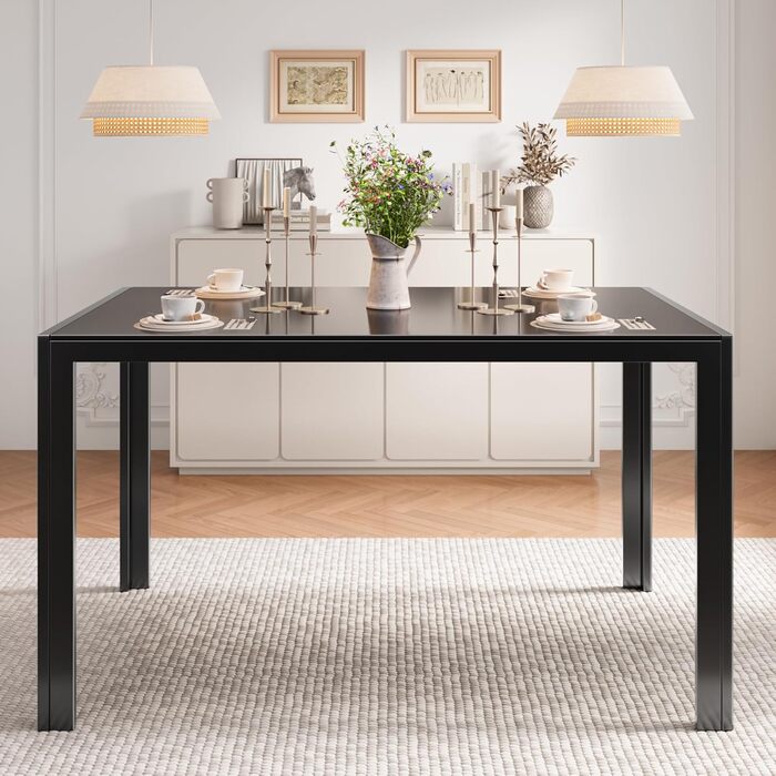 Обідній стіл Bealife із загартованого скла, 130x70x75 см, сучасний кухонний стіл з металевим каркасом, стійкий до подряпин та жаростійкість для кухні, вітальні, їдальні або кавового куточка, домашнього офісу (чорний, 130*70*75) Чорний 130*70*75
