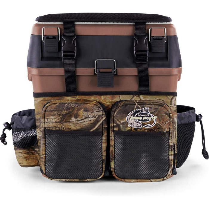 Рибальський ящик-сидіння, ящик для кількох приманок, ящик для сидіння та снастей з системою ременів для перенесення - включаючи 4 пластикові ящики, колір камуфляж-мисливський