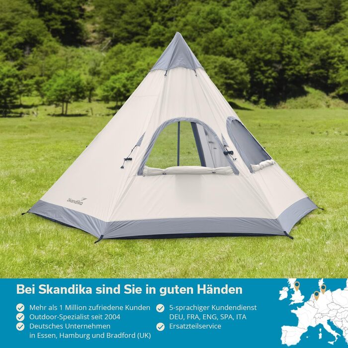 Намет Skandika Tipi Намет на 4-6 осіб, висота стояння 2-3 м, вшитий підлоговий настил, водяний стовп 3000 мм, UV 50, фестивальний намет, вігвам, сімейний намет Для активного відпочинку, кемпінгу, глемпінгу 335 290 см бежевий/сірий