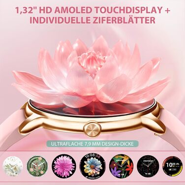 Жіночий смарт-годинник, круглий, ультратонкий, 1,32-дюймовий AMOLED-дисплей, завжди увімкнений фітнес-годинник із функцією телефону, монітор сну/пульсометр/крокомір, понад 100 спортивних режимів, водонепроникність IP68, Android/iOS